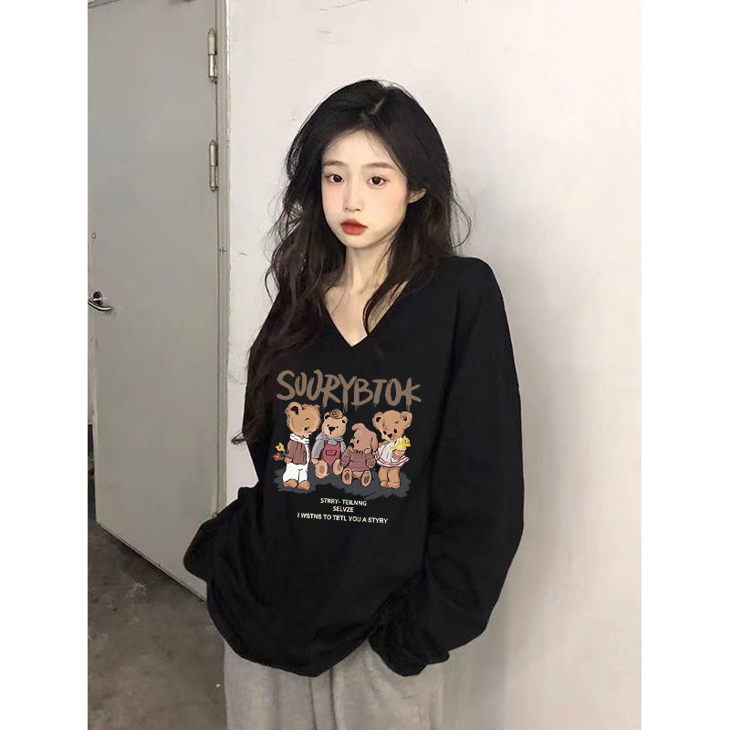 100%純棉v領長袖T恤女秋季新款寬鬆百搭顯瘦印花ins風正肩上衣服