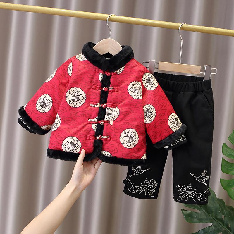 拜年服寶寶加棉喜慶套裝一周歲中式唐裝兒童加厚過年服龍年新年服