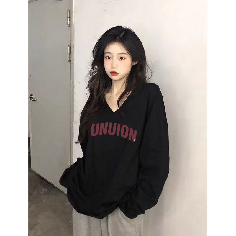 100%純棉v領長袖T恤女秋季新款寬鬆百搭顯瘦印花ins風正肩上衣服