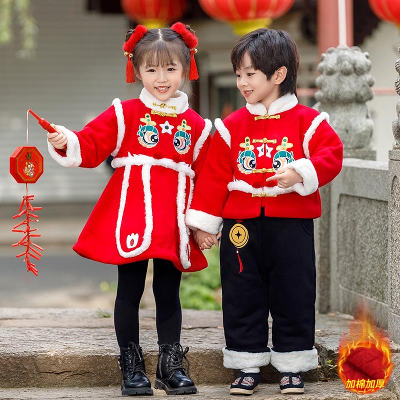 男女童冬季套裝2023新款中小童裝加棉加厚兒童男孩寶寶唐裝拜年服