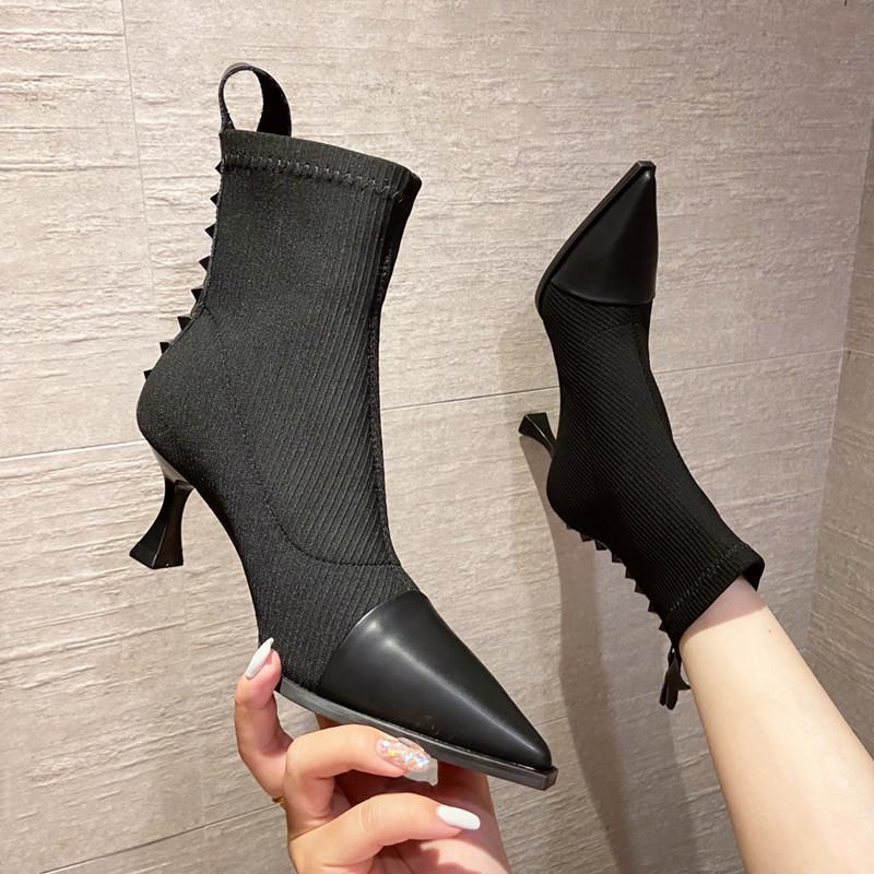 Slip-on temperament women's shoes to enhance fashionable fashion shoes 2023 autumn and winter stiletto heel sleeve short boots high-top shoes