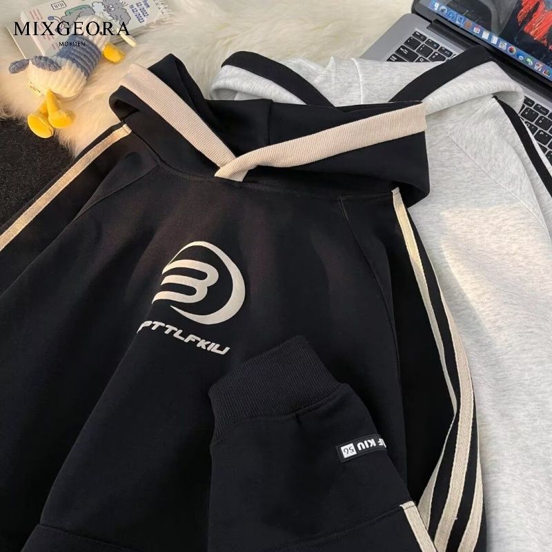 MIX GEORA design striped sweatshirt men's loose hooded top spring and autumn American fashion brand couple coat