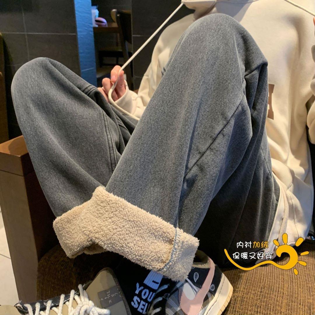 羊羔絨潮流黑色牛仔褲男秋冬季美式復古加絨加厚寬鬆直筒休閒褲子