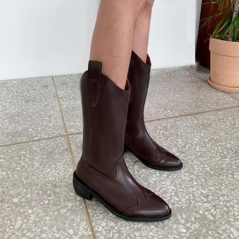 Retro Western boots, mid-heel pointed toe knight boots, women's thick-heeled mid-calf boots, one-leg women's boots