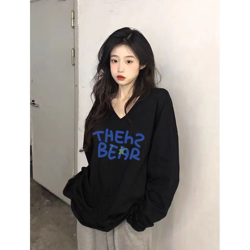 100%純棉v領長袖T恤女秋季新款寬鬆百搭顯瘦印花ins風正肩上衣服