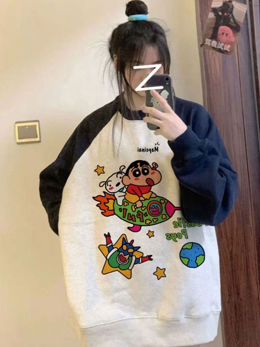 100%重磅純棉插肩袖圓領衛衣女2023秋冬加絨加厚寬鬆卡通大碼上衣