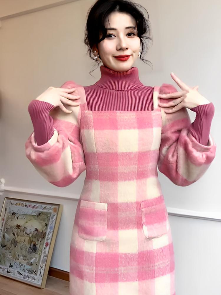 2023秋冬新款粉色格紋連衣裙女法式氣質高級感溫柔系超仙漂亮長裙