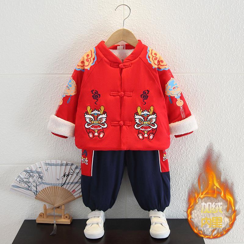 男童拜年服中國風冬裝加絨棉服寶寶唐裝喜慶新年裝加厚漢服兩件套