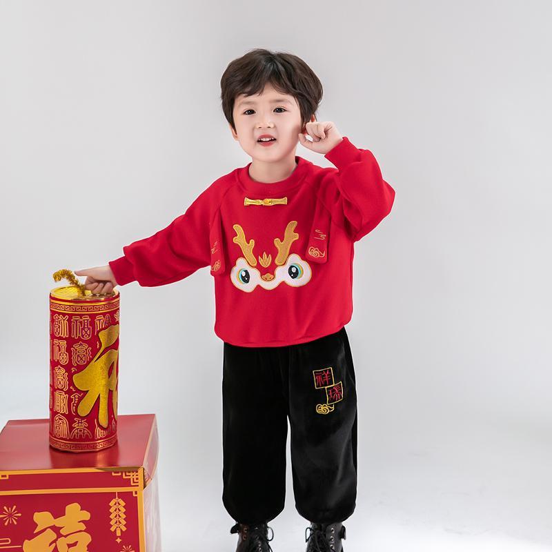 男童冬季新年装拜年服2023新款小童加绒加厚儿童男孩宝宝红色套装