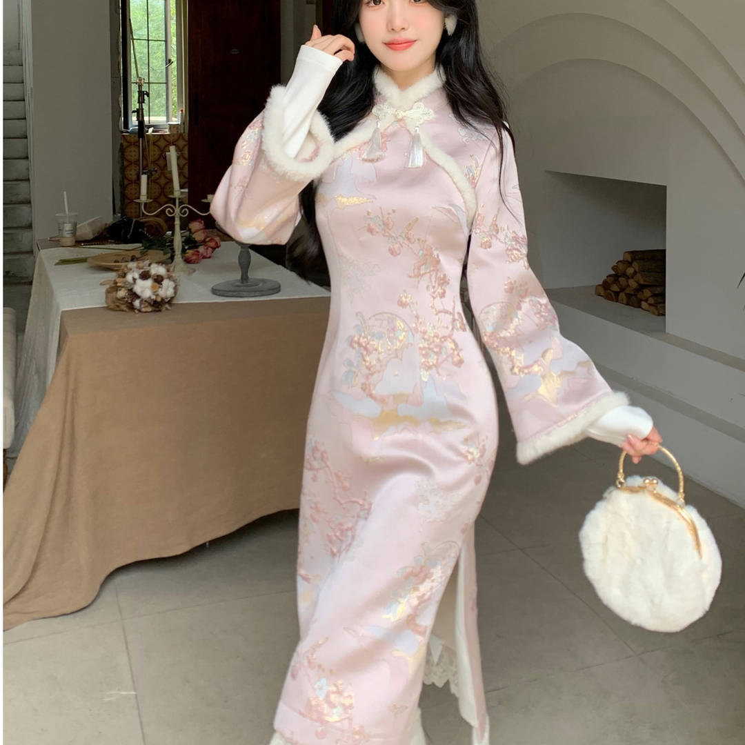 新中式国风女装改良旗袍年轻款高端气质粉色连衣裙子2023秋冬新款