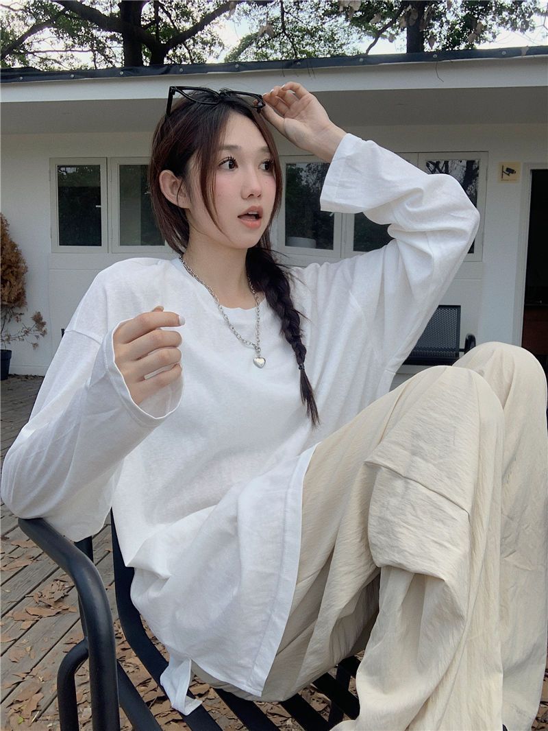 純棉白色打底衫女春秋2023新款長袖內搭上衣韓版寬鬆開叉圓領T恤