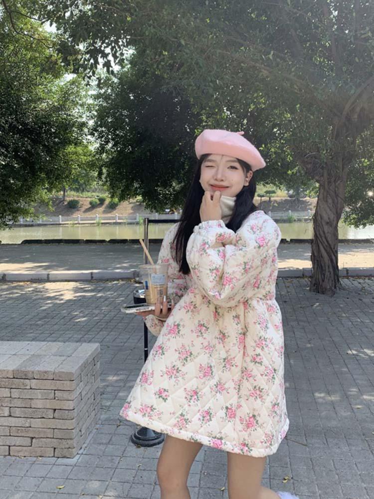 2023秋冬新款甜美減齡碎花棉衣連衣裙女小個子娃娃裙寬鬆棉服裙子