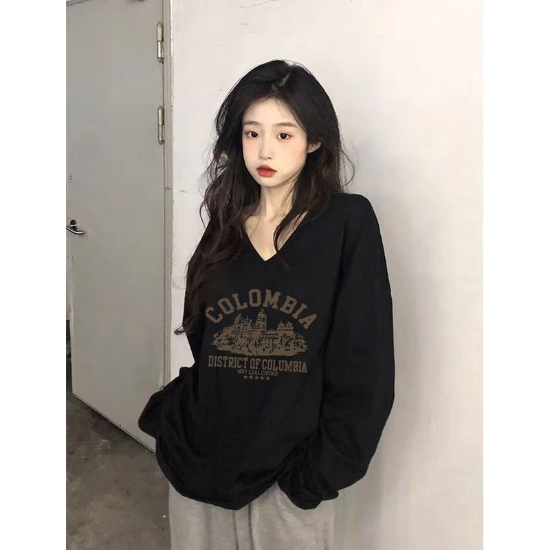 100%純棉v領長袖T恤女秋季新款寬鬆百搭顯瘦印花ins風正肩上衣服