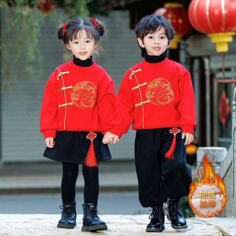 唐裝男童秋冬中國風加絨衛衣新年裝兒童寶寶中國風漢服新年裝套裝