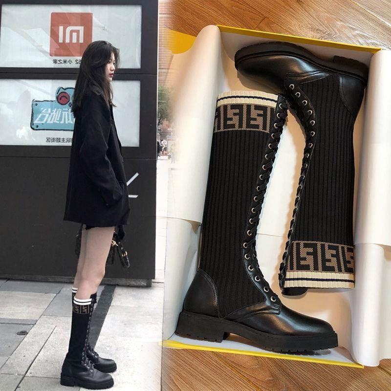 Trendy brand letter high-top riding boots and T-boots for women in autumn and winter, plus velvet lace-up but not knee-length, slimming, color-blocked flat-soled elastic boots