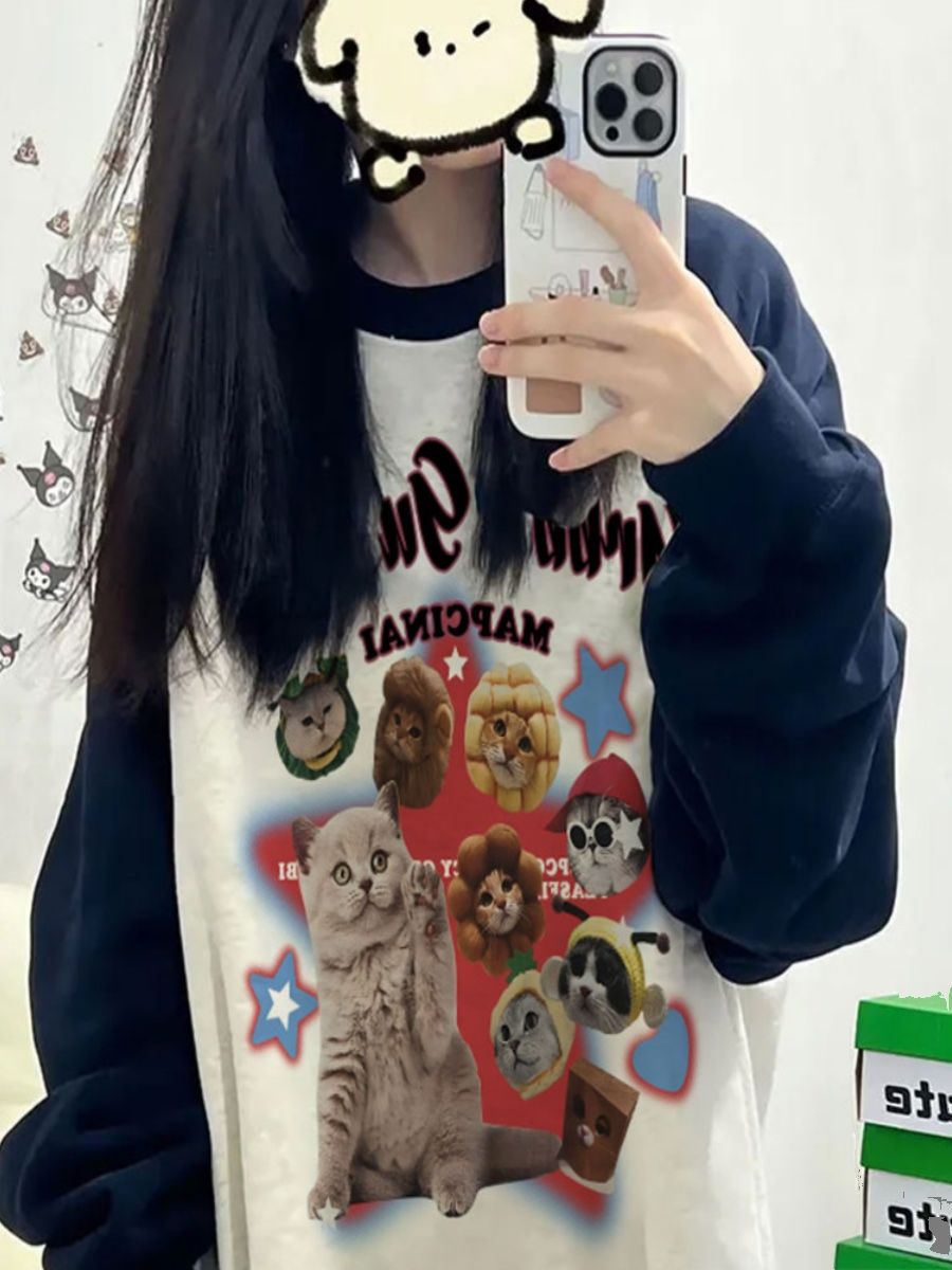 100%重磅純棉插肩袖衛衣女2023秋冬加絨加厚圓領寬鬆貓咪印花上衣