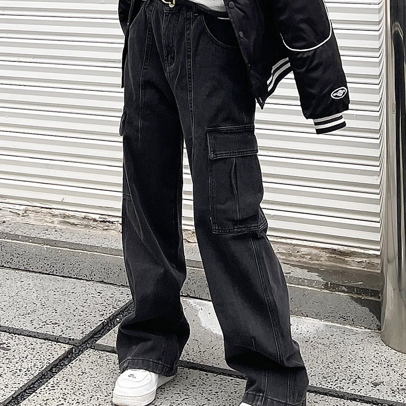 復古美式辣妹街舞口袋休閒褲顯瘦寬鬆直筒褲拖地牛仔工裝褲男女款