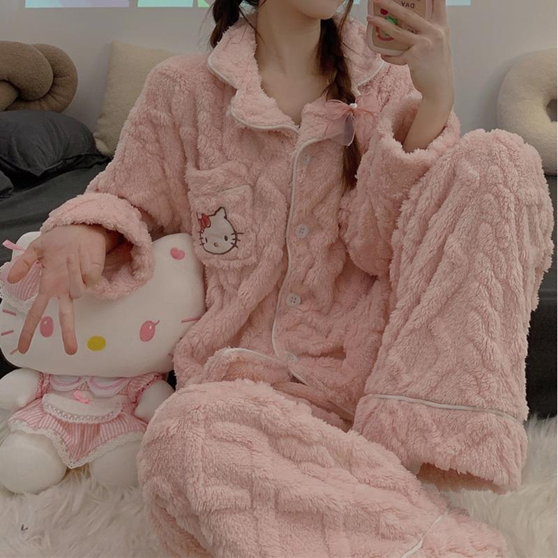 網紅風KT貓睡衣女冬款珊瑚絨加絨加厚卡通可愛法蘭絨秋冬季家居服