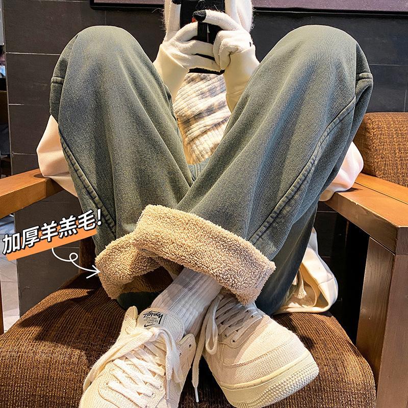 Wide-leg yellow mud jeans for men in winter, plus velvet and thickening, American straight-leg loose, trendy brand casual pants, men's trousers