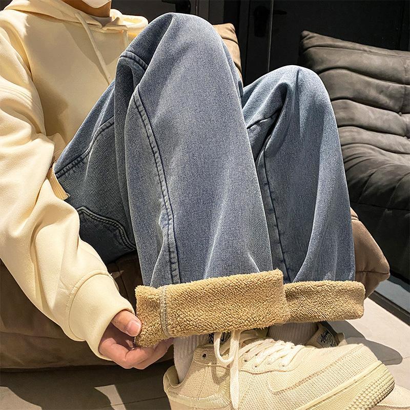 Lamb wool plus velvet jeans for men in winter thickened washed American high street straight pants loose casual trousers
