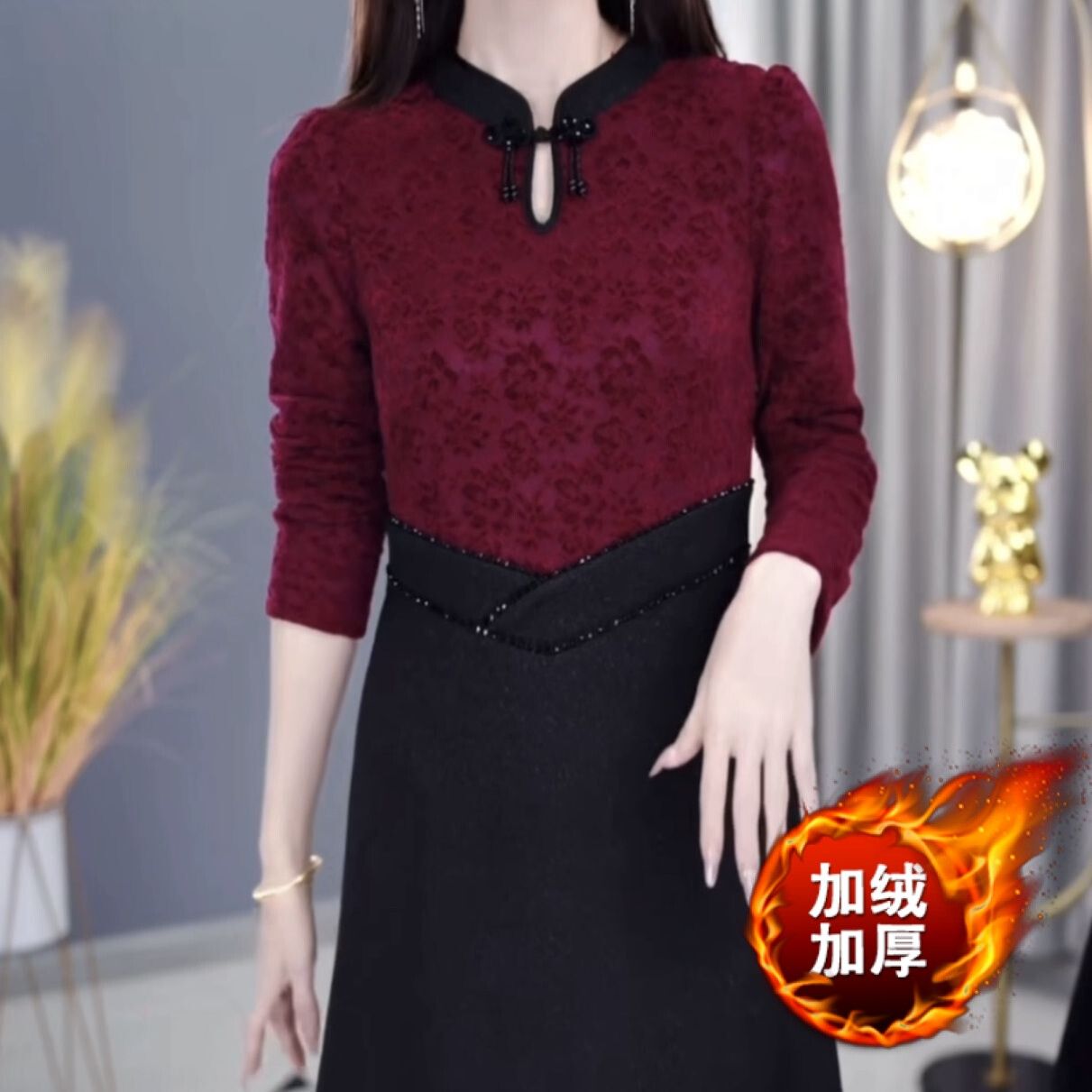 加絨加厚高檔浮雕提花連衣裙2023新款女裝冬婚宴禮服假兩件套裙子