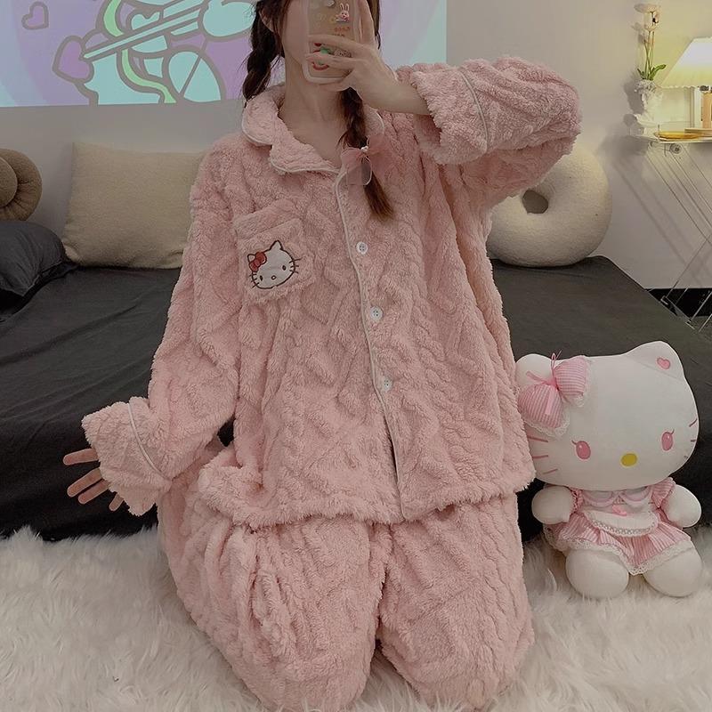 秋冬季珊瑚絨睡衣女款冬天加厚加絨毛絨卡通可愛法蘭絨家居服套裝