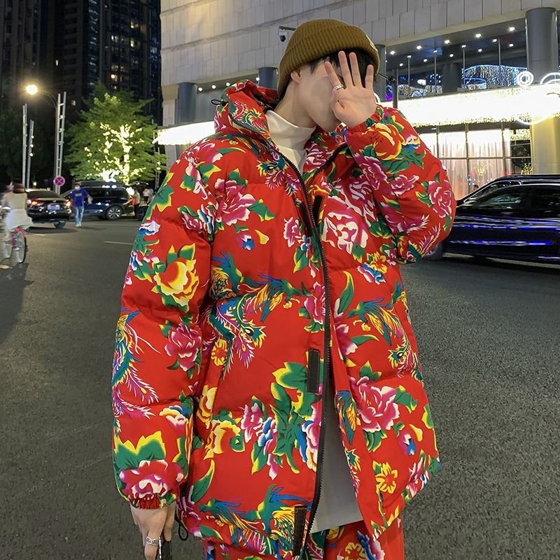 東北大棉襖連帽外套男冬季款國潮情侶大花棉衣大碼加厚版棉服套裝