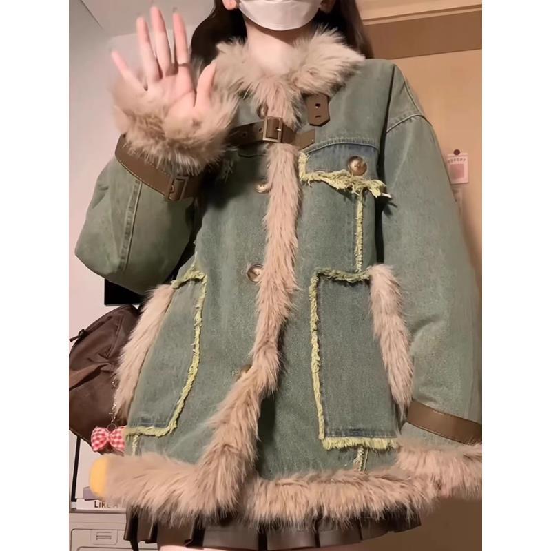 美式复古羊羔毛拼接牛仔外套女冬季高级感宽松棉衣棉服潮美式棉服