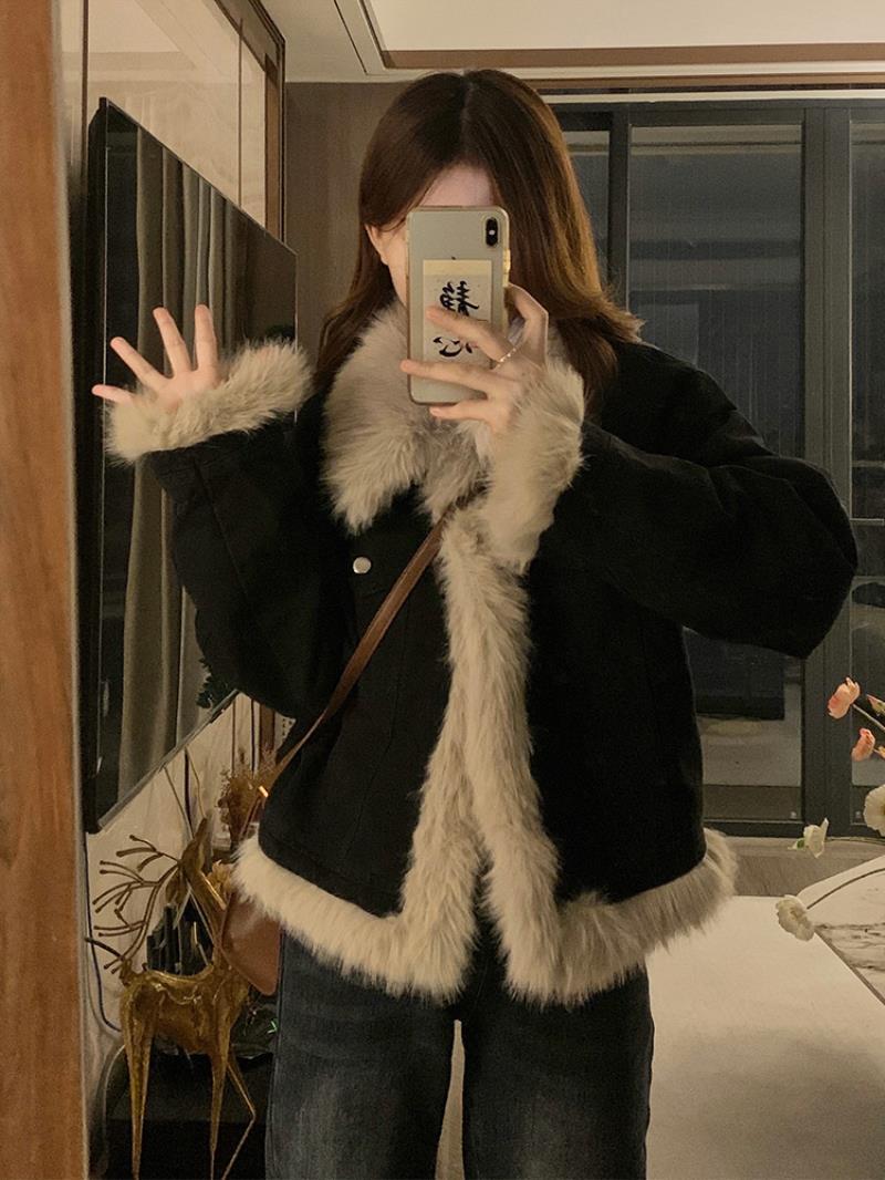黑色加厚夾棉毛絨牛仔外套女冬季新款時尚高級感加絨短款棉服棉襖