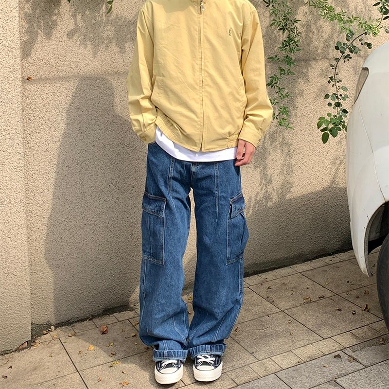美式hiphop潮牌褲子oldschool多口袋水洗牛仔褲小眾設計感闊腿褲