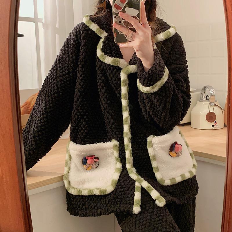 睡衣女款秋冬季珊瑚絨加厚加絨保暖法蘭絨可愛甜美冬天家居服套裝