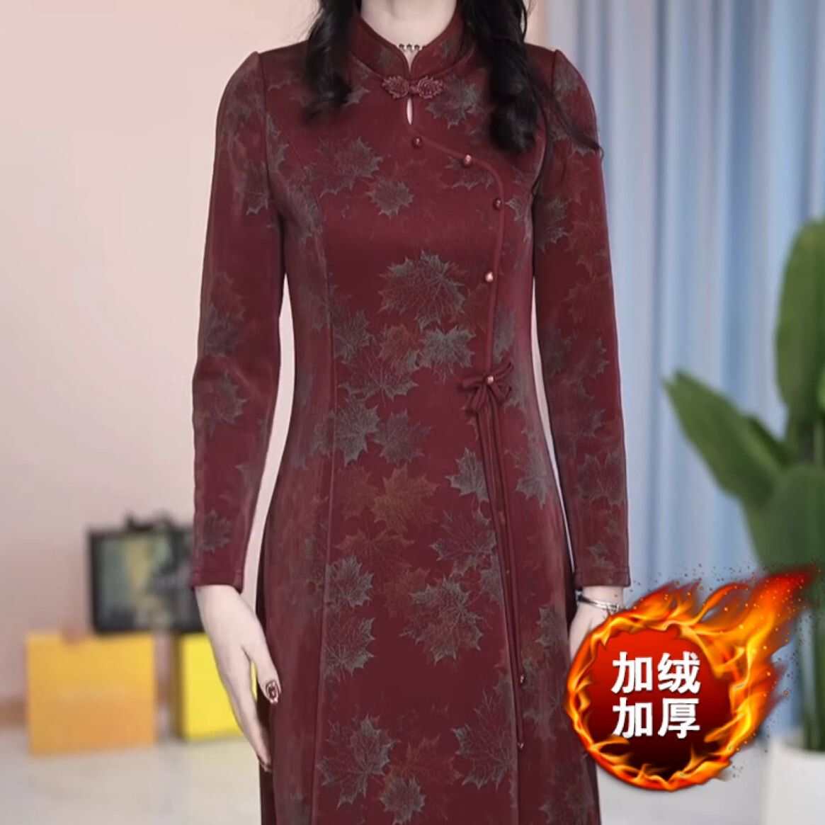 加絨加厚琉璃精紡改良版旗袍連衣裙2023新款冬季女裝國風高檔裙子