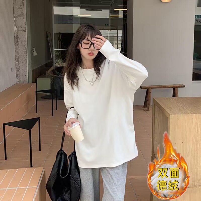 加厚保暖白色T恤女長袖雙面德絨圓領寬鬆疊穿內搭洋氣打底衫上衣