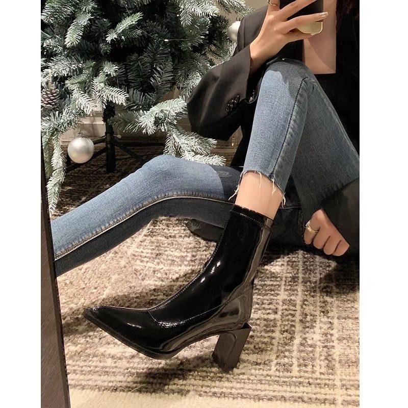 Pointed Toe Thick Heel Motorcycle Short Boots Women's  New High Heel Naked Boots European and American Dark Elegant Short Boots Patent Leather Ankle Boots