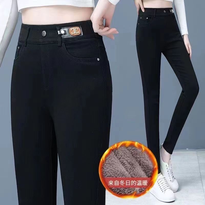 時尚高腰加絨打底牛仔褲女秋冬顯瘦褲子緊身牛仔褲加厚小腳褲高檔