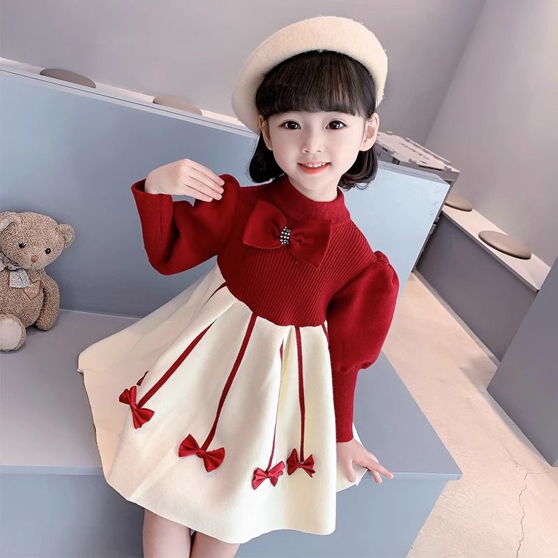 女童連衣裙秋冬款2023新款兒童針織衫毛衣裙子女寶寶蝴蝶結公主裙