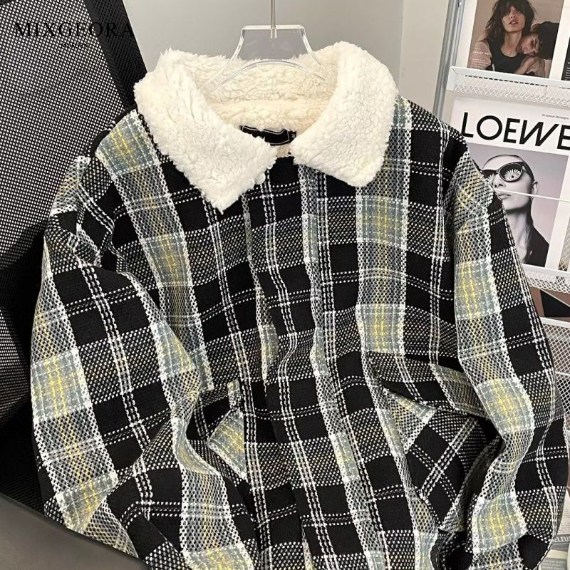 MIX GEORA美式復古格子外套男秋季羊羔毛棉服小香風寬鬆格子棉衣