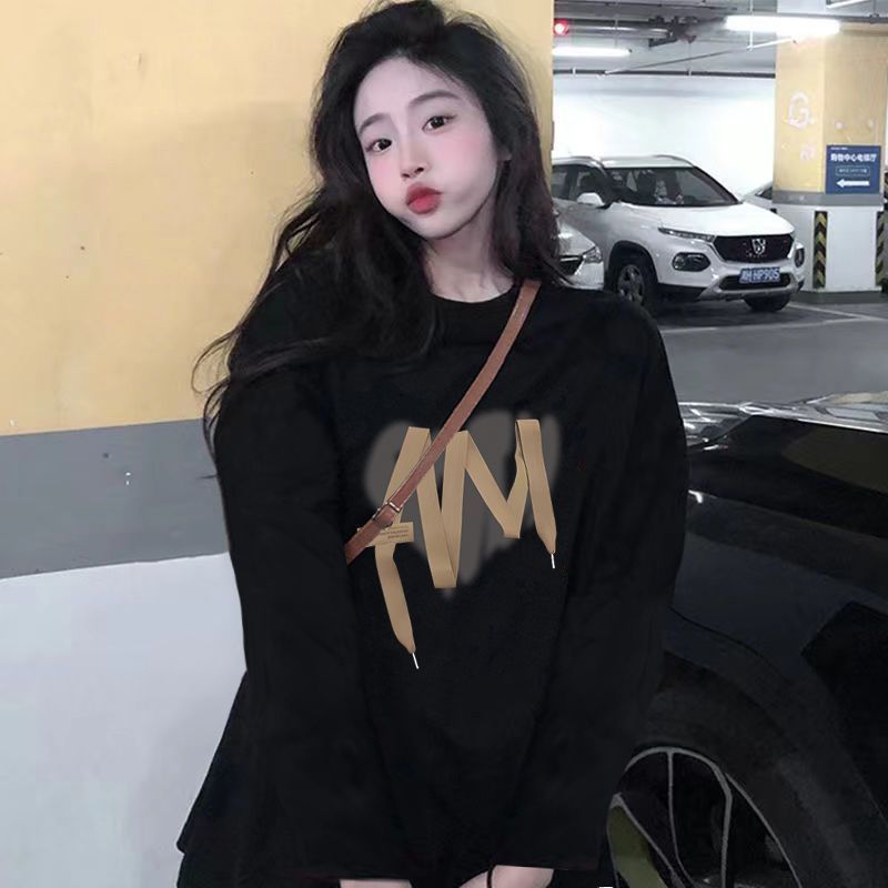 100%純棉長袖黑色t恤女學生2023冬季新款韓版寬鬆ins港風上衣百搭