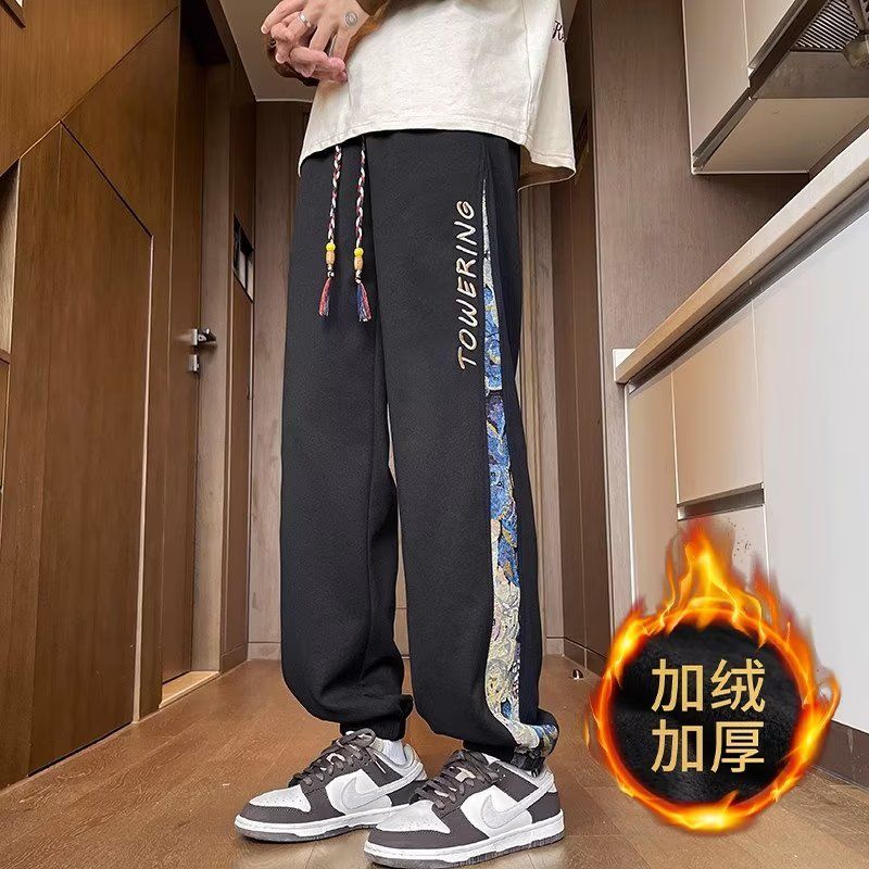 秋冬季加絨加厚國潮小熊刺繡工裝褲子男潮牌寬鬆直筒束腳休閒褲