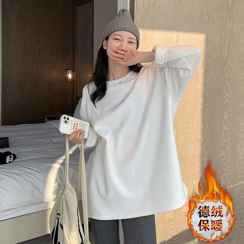 加厚雙面德絨圓領白色打底衫女加絨秋冬磨毛內搭純色寬鬆長袖t恤