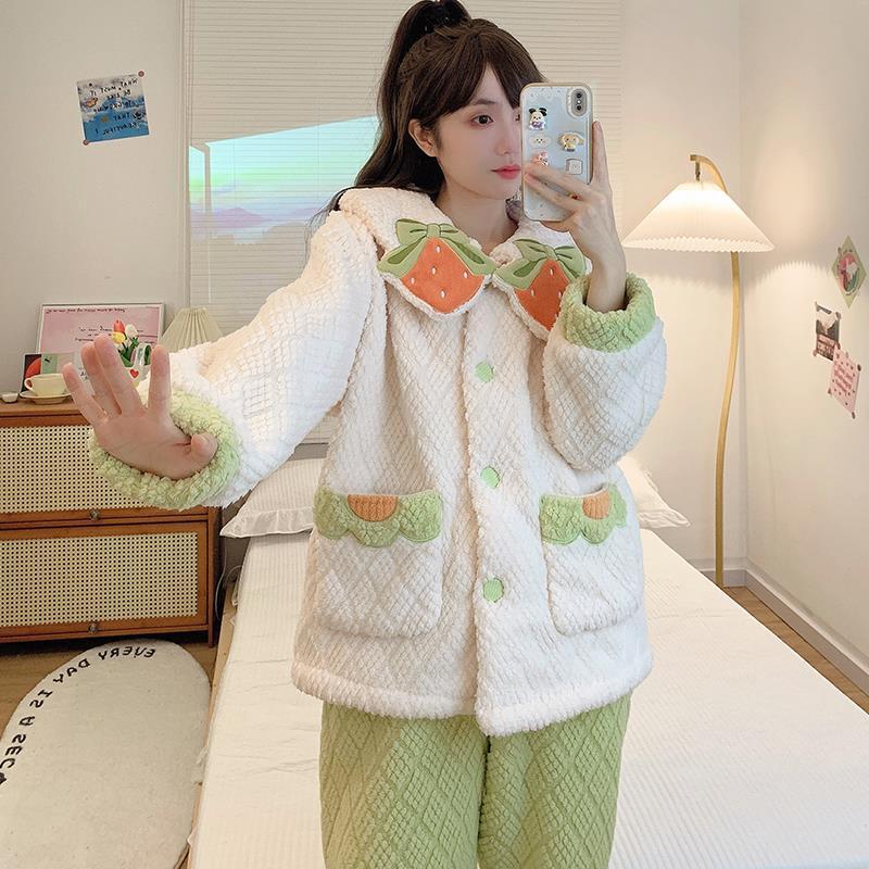 珊瑚絨睡衣冬季女加絨加厚甜美草莓法蘭絨秋冬款開衫家居服套裝