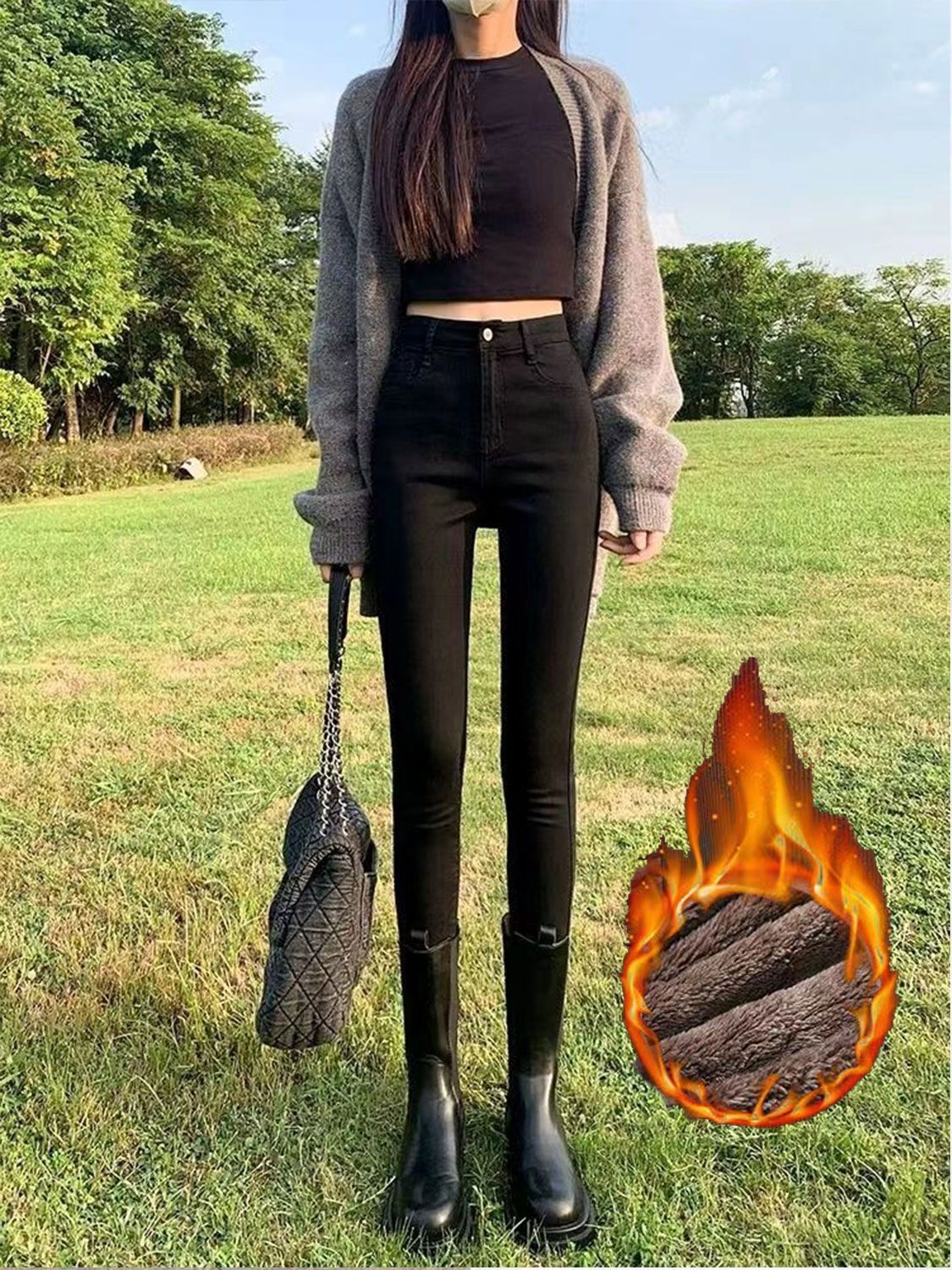 加絨加厚高腰牛仔褲女2023年新款修身顯瘦緊身鉛筆褲提臀小腳褲子