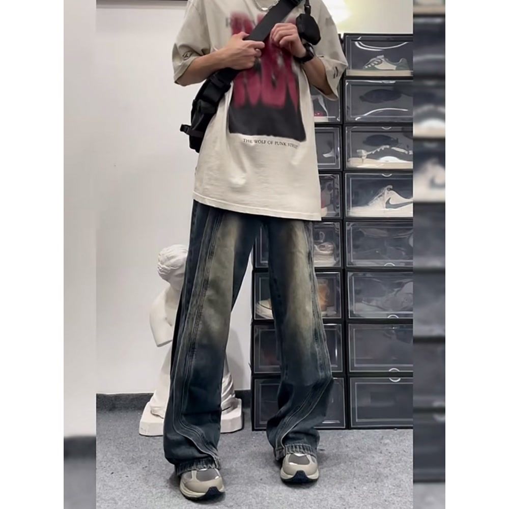 美式復古做舊牛仔褲男女高街設計感寬鬆直筒vibe痞帥闊腿長褲子