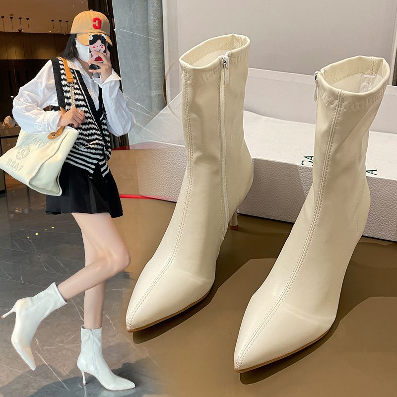 Classic versatile boots for women  new autumn and winter high-heeled elastic slim boots off-white stiletto short boots for women