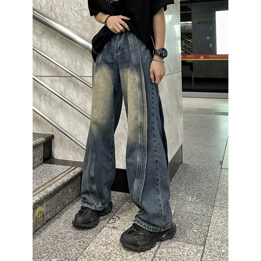 美式重磅高級感拼接水洗牛仔褲男女款寬鬆高街闊腿垂感直筒褲長褲