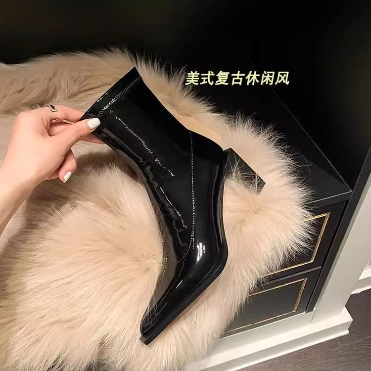 2023年秋冬季新款時尚優雅感細跟高跟女短靴歐美切爾西踝靴時裝靴