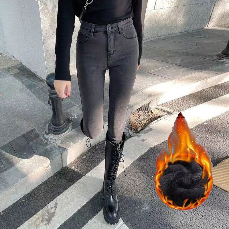 加絨加厚高腰牛仔褲女新款秋冬加絨黑色彈力顯瘦百搭緊身小腳褲子