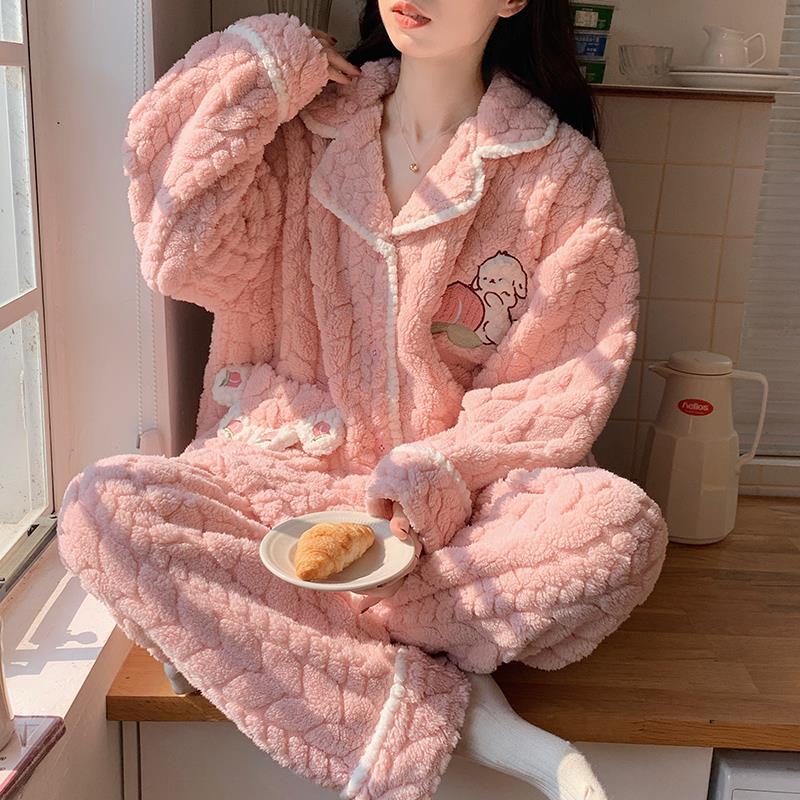2023新款珊瑚絨冬季睡衣女款加厚加絨秋冬款粉色法蘭絨甜美家居服