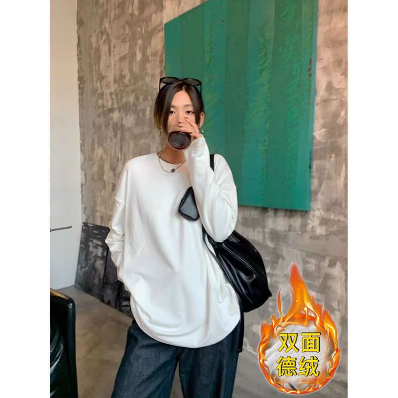 加厚雙面德絨圓領白色打底衫女加絨秋冬磨毛內搭純色寬鬆長袖t恤