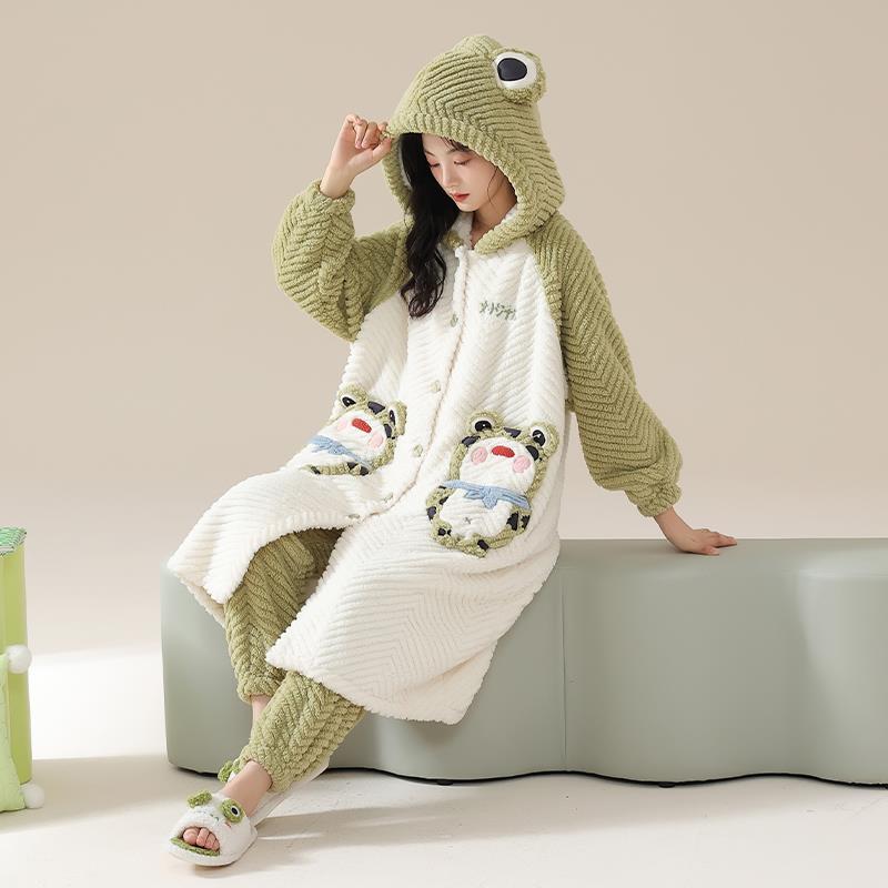 睡袍女冬季新款青蛙珊瑚絨加厚加絨睡衣女法蘭絨家居服兩件套套裝